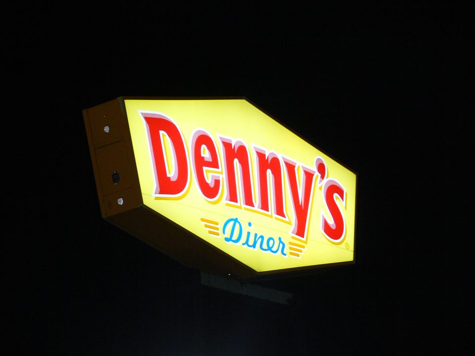 A lit Denny’s Diner sign at night, Dallas