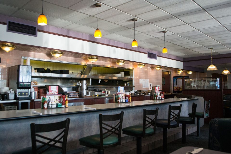 The counter and stools in a Denny’s, Wilsonville, Oregon