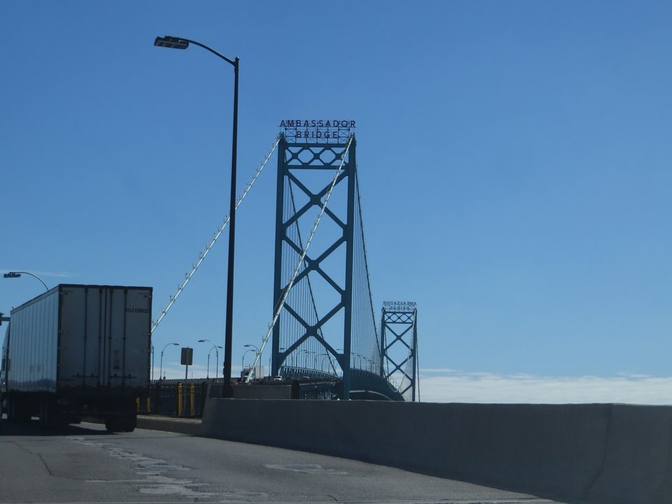 The Ambassador Bridge tower from the Detroit side