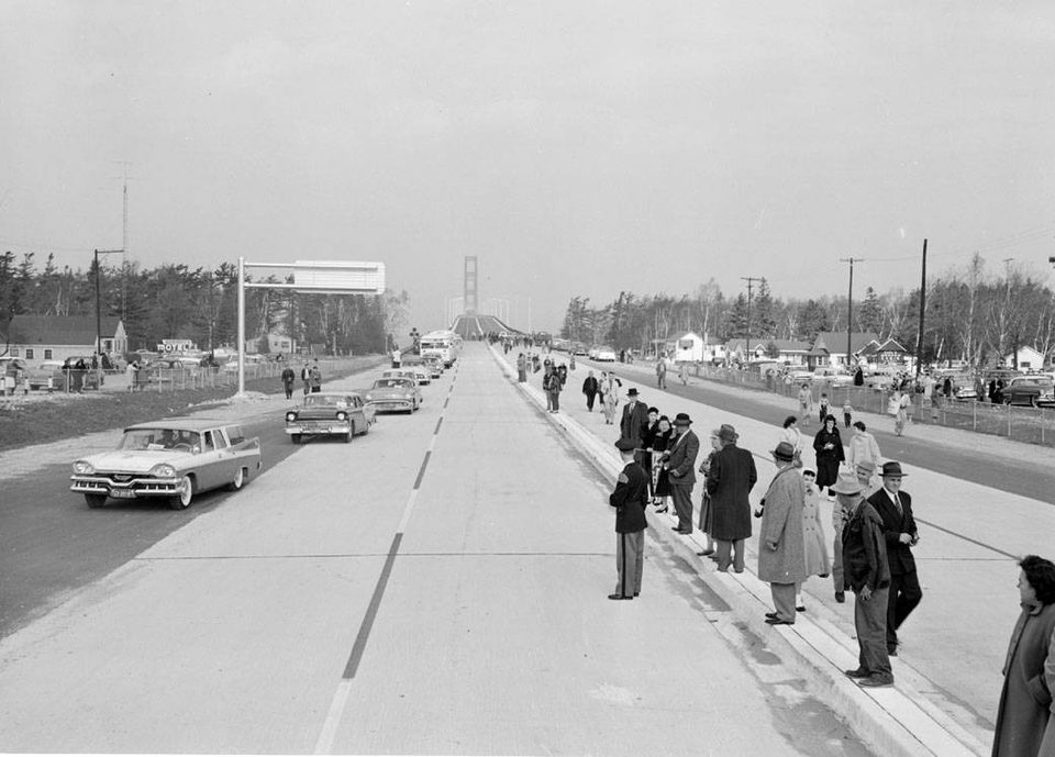 Cars on the newly opened Mackinac Bridge, November 1, 1957