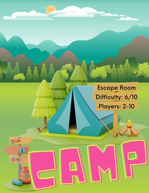 Illustrated poster for the Camp room with a tent, pine trees and a campfire