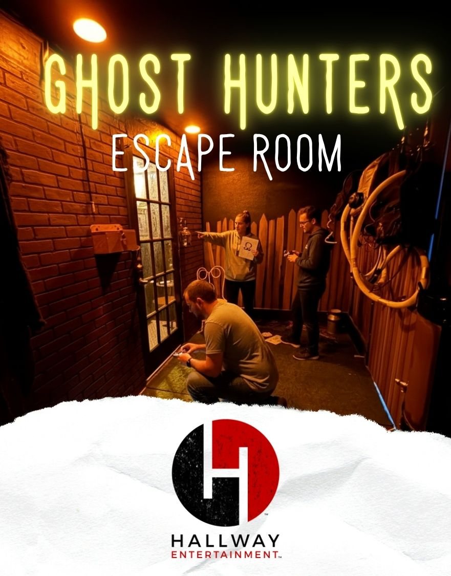Players in the brick-walled, picket-fenced Ghost Hunters set, with the room name and the Hallway logo