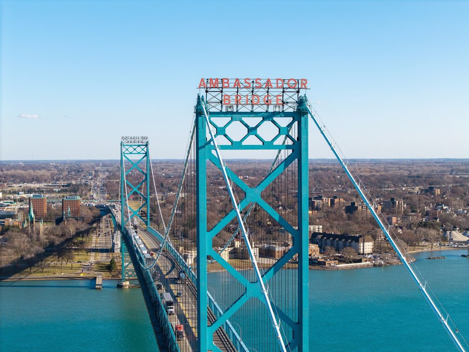 An Ambassador Bridge tower from a drone, 2025