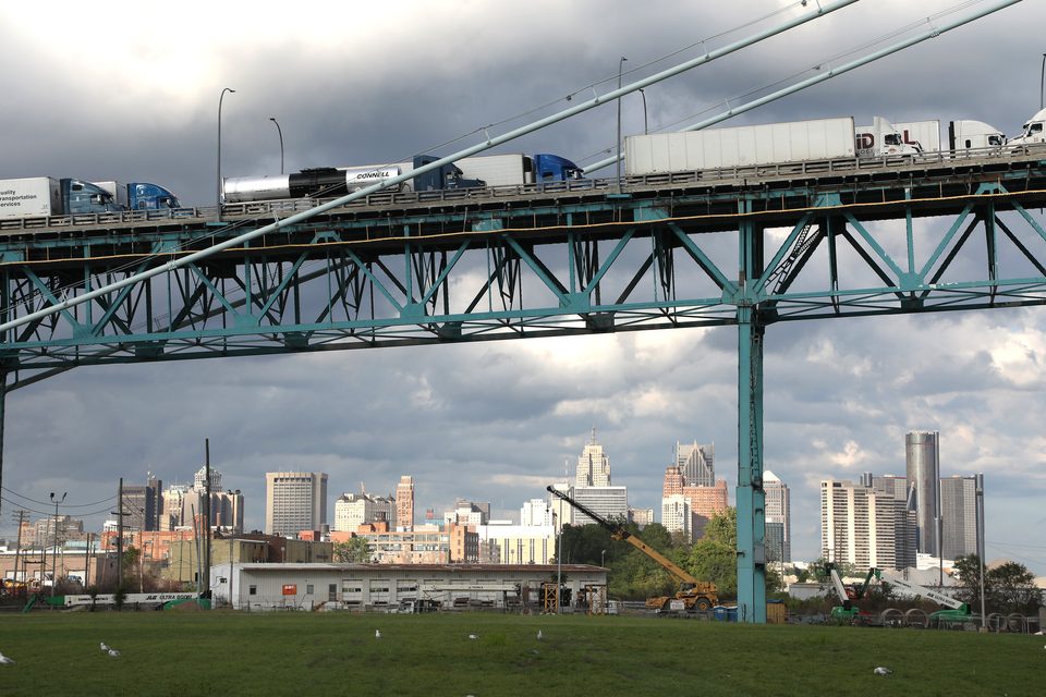 A line of trucks on the Ambassador Bridge, 2022