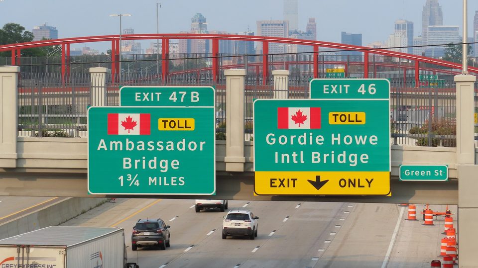 The new I-75 signs: Gordie Howe Bridge on the right, the Ambassador on the left, 2026