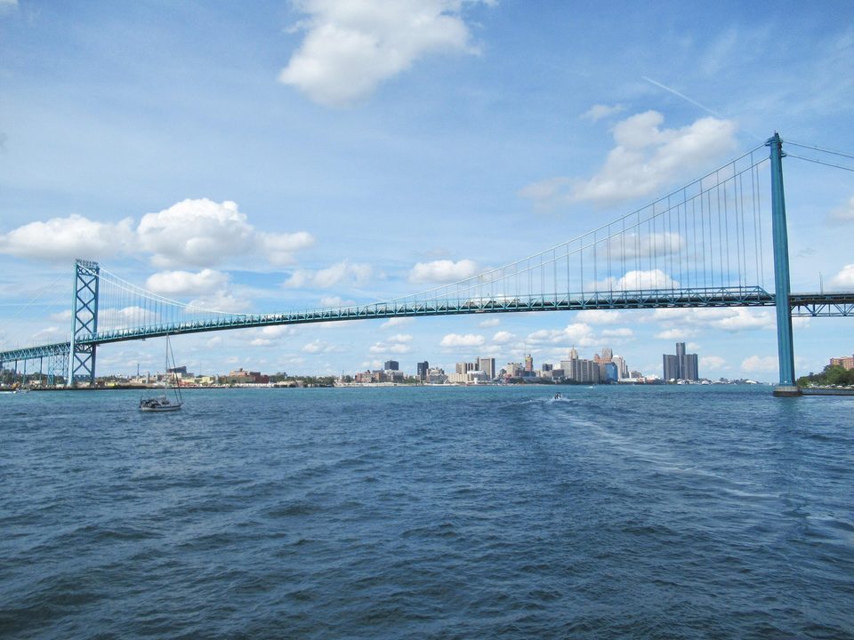 The Ambassador Bridge from the Detroit riverfront, 2023
