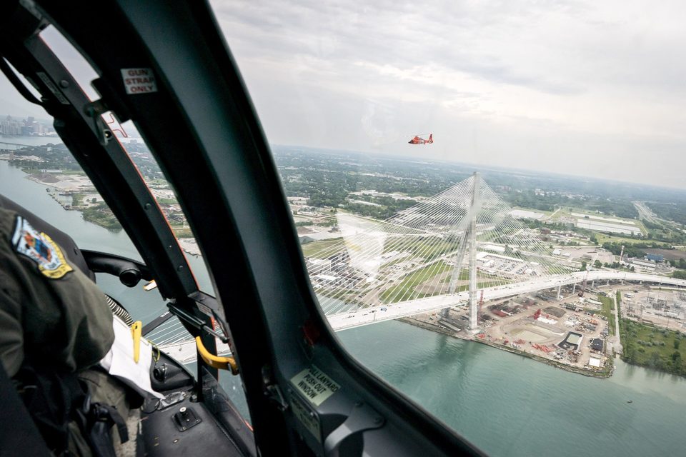The bridge from a Coast Guard helicopter cockpit, 2025