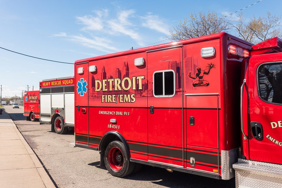 A Detroit Fire/EMS ambulance with the Spirit of Detroit graphic