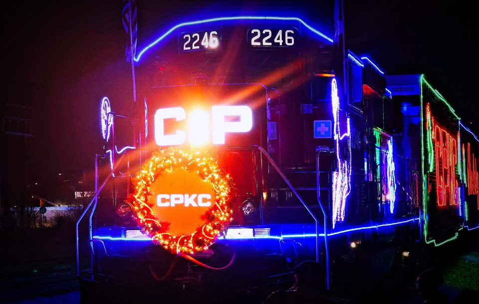 Locomotive CP 2246 with its Christmas wreath at the head of the Holiday Train, Franklin Park, Illinois, 2025