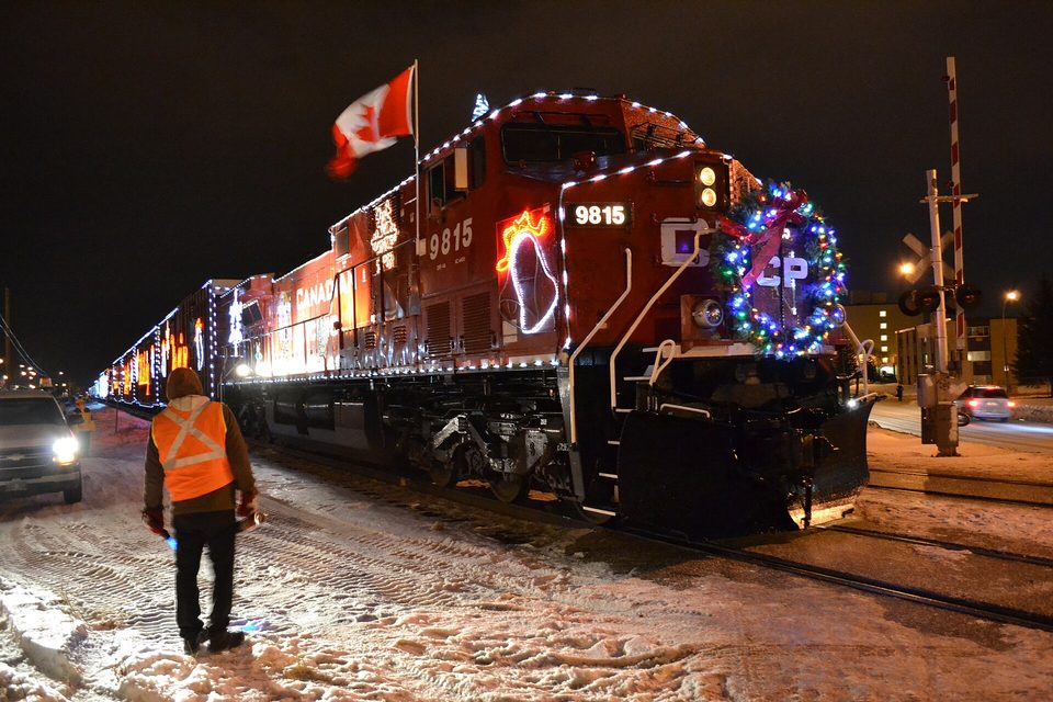 The Holiday Train’s locomotive in the snow, Winnipeg