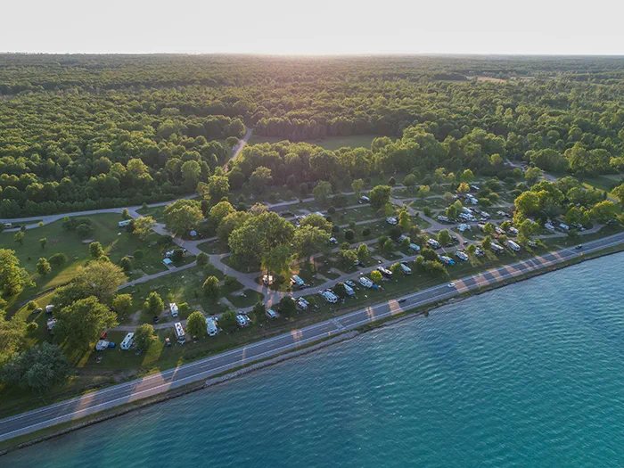 Aerial view of the campground and the riverbank