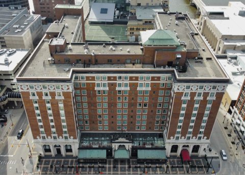 The Pantlind building seen from above in 2022
