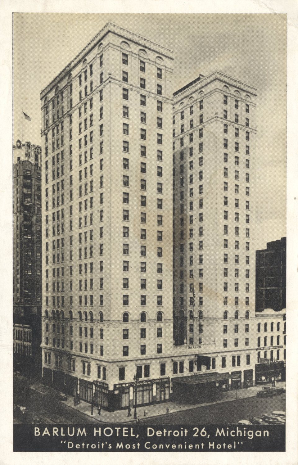 The Barlum Hotel tower on a mid-century postcard