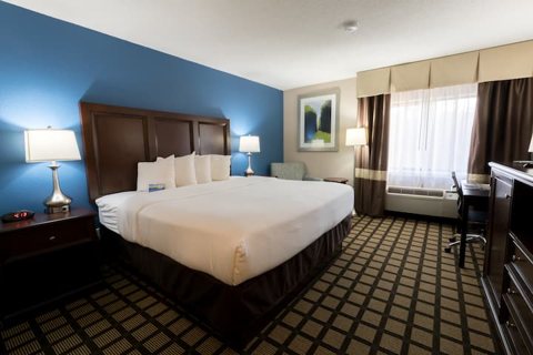 A guest room with a king bed and a blue accent wall behind the headboard