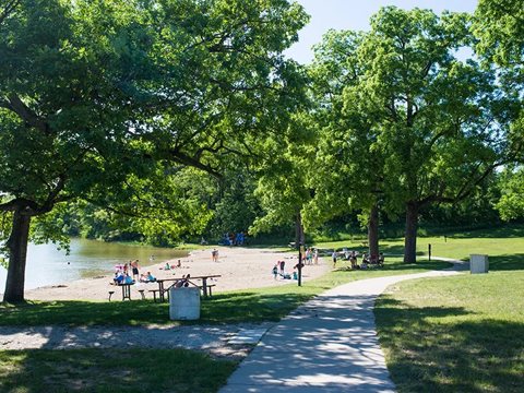 A picnic area and path under trees in the park