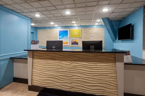 The front desk with a wave-patterned counter