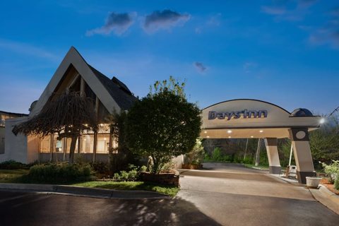 The hotel entrance at dusk