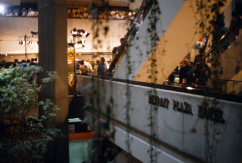 Detroit Plaza Hotel lettering on a gallery balustrade inside the hotel's atrium in 1980