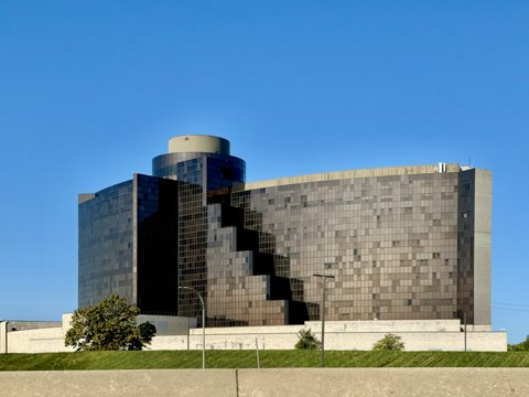 The empty former Hyatt Regency building in 2024