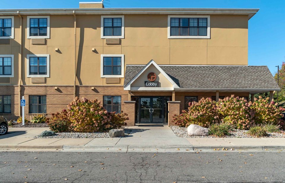The hotel's two-storey facade with entrance