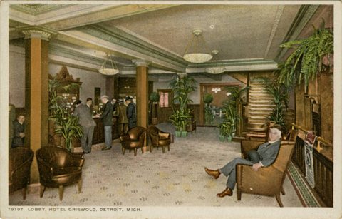 A Hotel Griswold előcsarnoka egy régi színes képeslapon