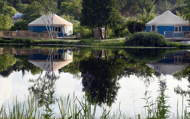 Tavi kilátás a parkban álló épületekkel és fákkal