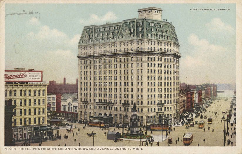 Tinted postcard of the Hotel Pontchartrain and traffic on Woodward Avenue