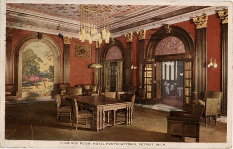 Postcard of the Flamingo Room lounge inside the Pontchartrain