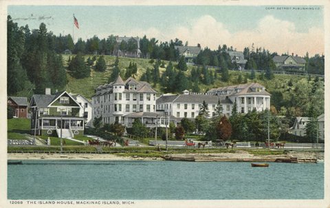 Historic postcard of the Island House hotel on Mackinac Island