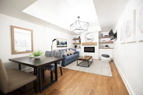 A bright living area with a dining table