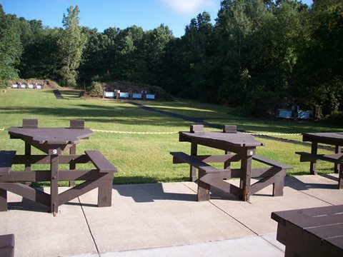 Picnic tables on a paved area beside the lawn