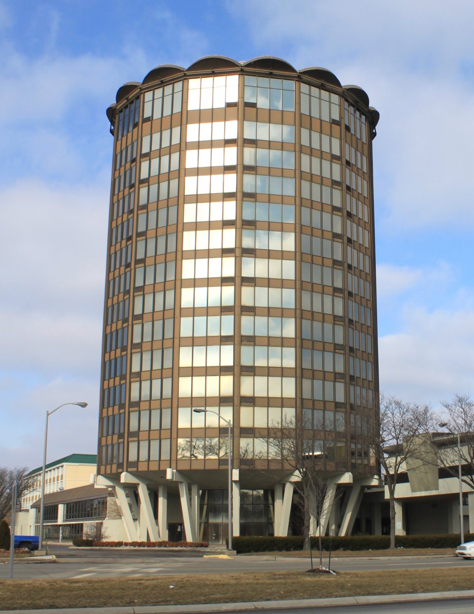 The round glass-clad hotel tower on Telegraph Road in 2012, while it stood vacant