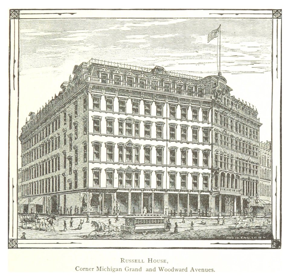 A Russell House szálloda a Woodward Avenue és a Cadillac Square sarkán, 1884-es metszeten