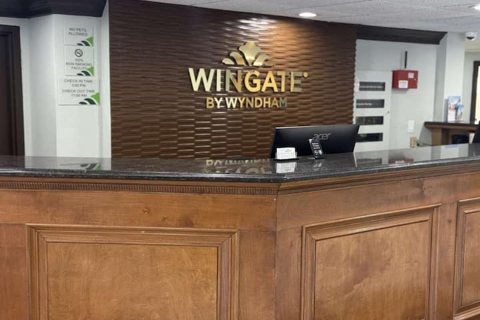 The front desk with the Wingate sign