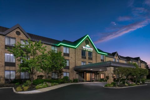 The hotel lit up at dusk
