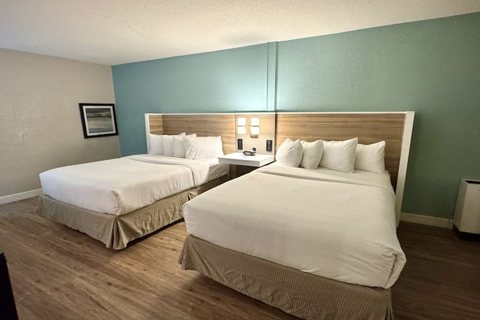 Guest room with two beds in white linens and a turquoise wall