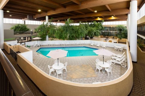 The covered atrium pool with umbrella tables and plants
