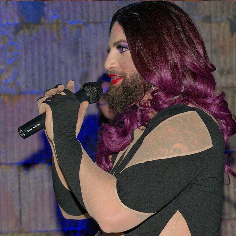 Drag performer with long purple hair singing into a microphone