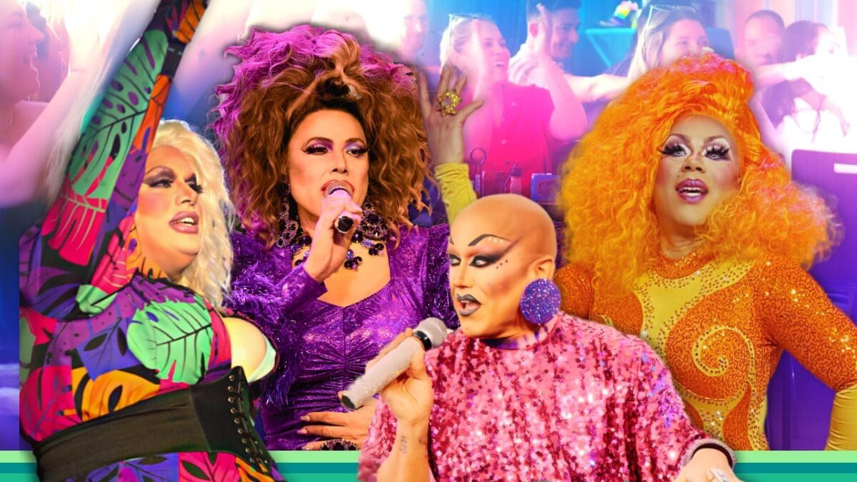 Four drag performers with microphones in a Five15 Drag Queen Bingo promo image