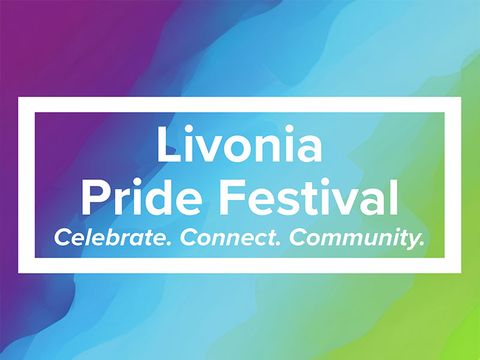 Rainbow-gradient Livonia Pride Festival title graphic with its slogan