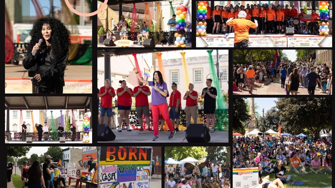 Photo collage of Muskegon Pride performers and festival crowds