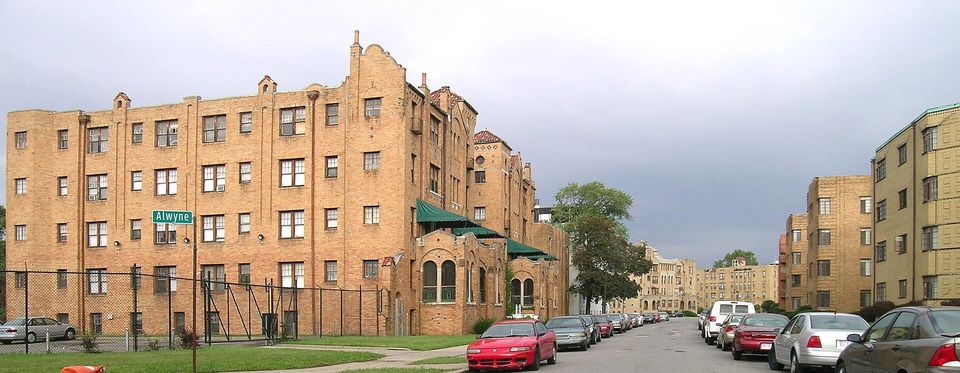 Brick apartment blocks with green awnings in the Palmer Park historic district
