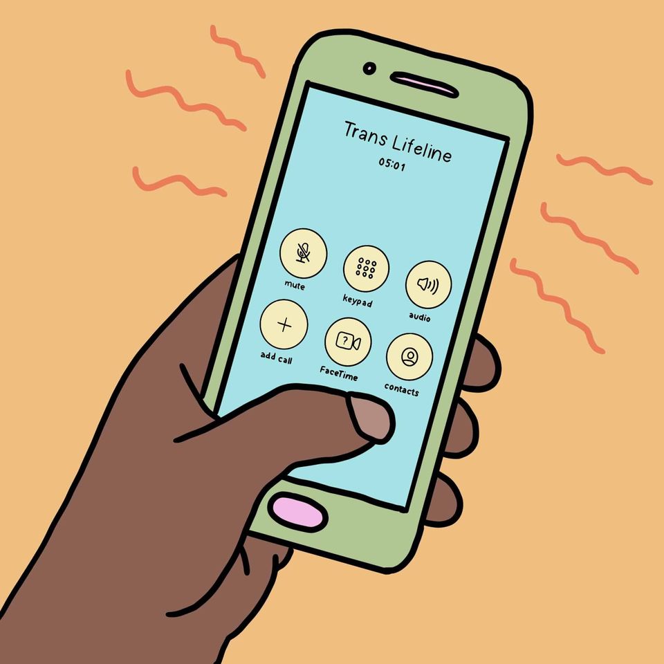 Illustration of a hand holding a phone during a Trans Lifeline call