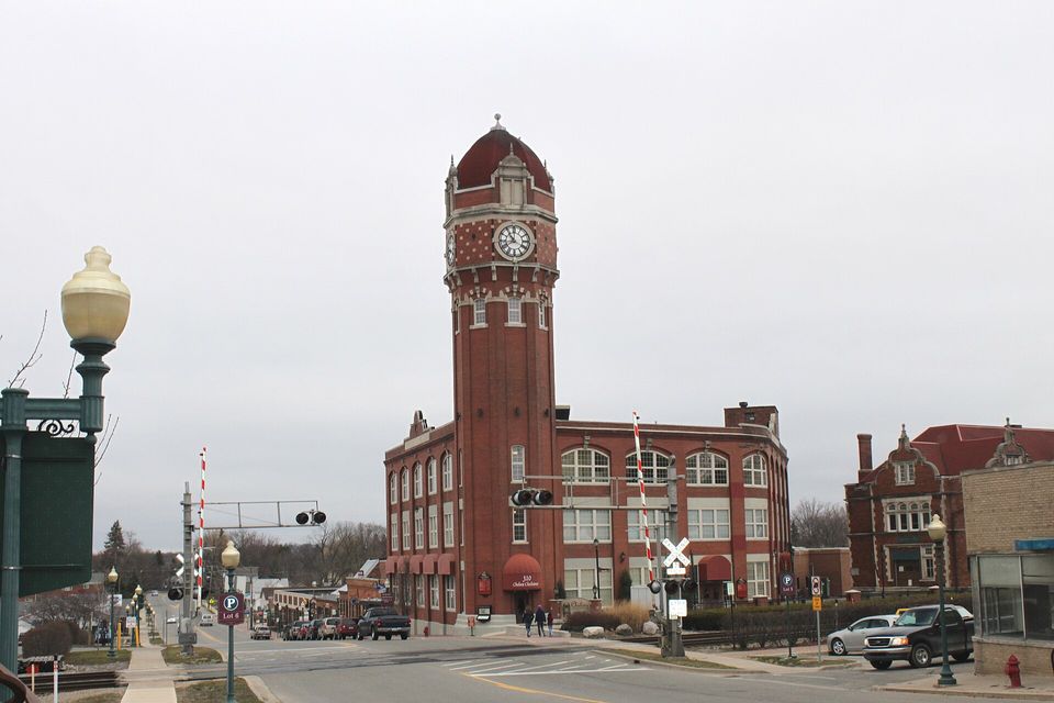 The Glazier Stove Company clock tower on Main Street