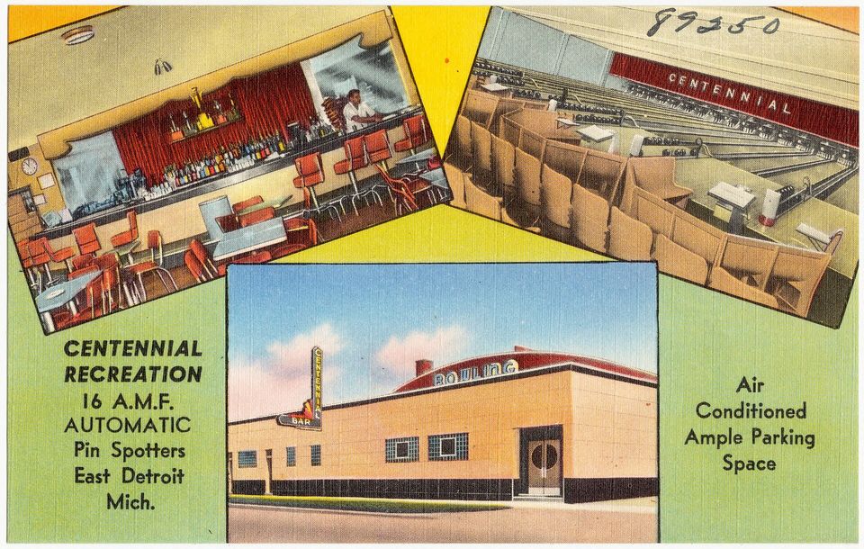 Centennial Recreation bowling alley in East Detroit on a vintage postcard