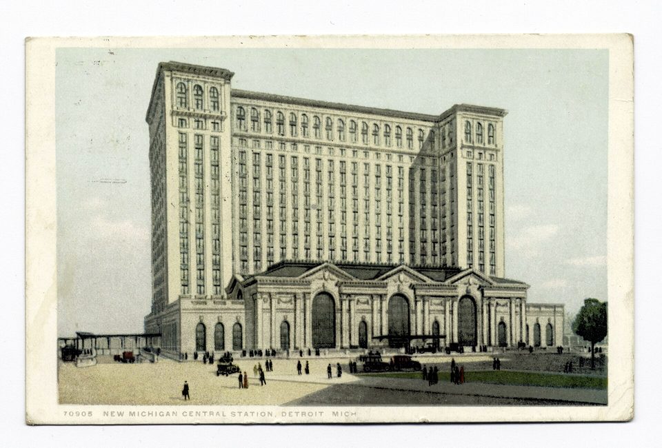 Early tinted postcard with streetcars in front of the new station