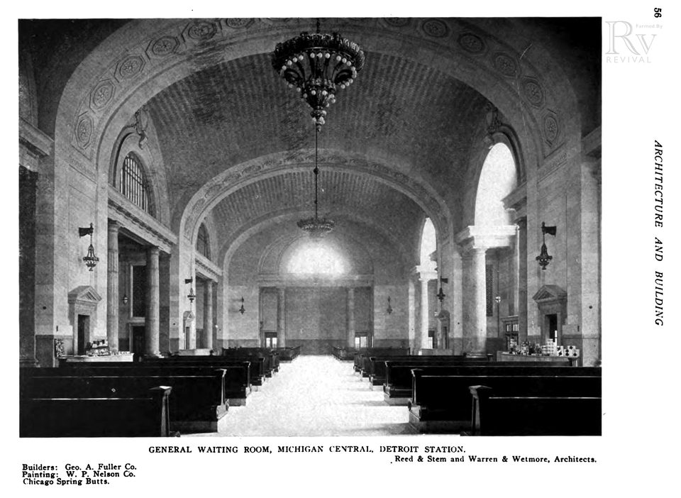 The vaulted main waiting room with chandeliers and benches, 1915