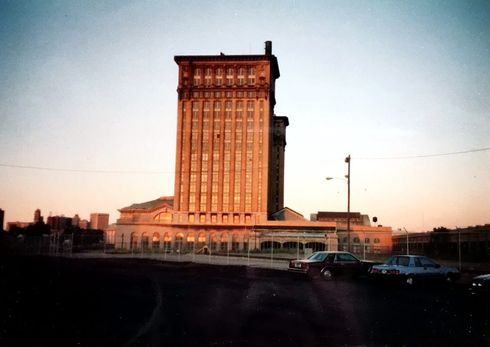 The tower glowing orange at sunset in 1988, the year of the last train