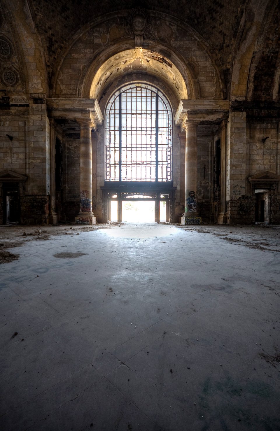 Daylight through the arched window of the ruined waiting room, 2009