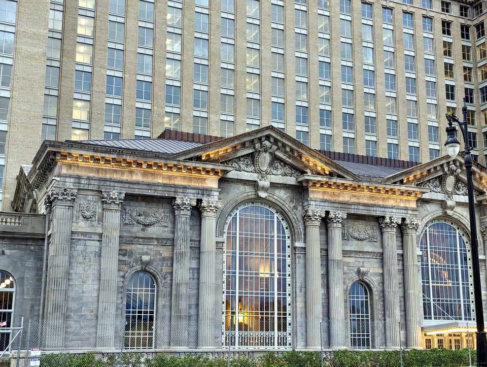 The waiting room’s restored stonework and lit windows, 2023